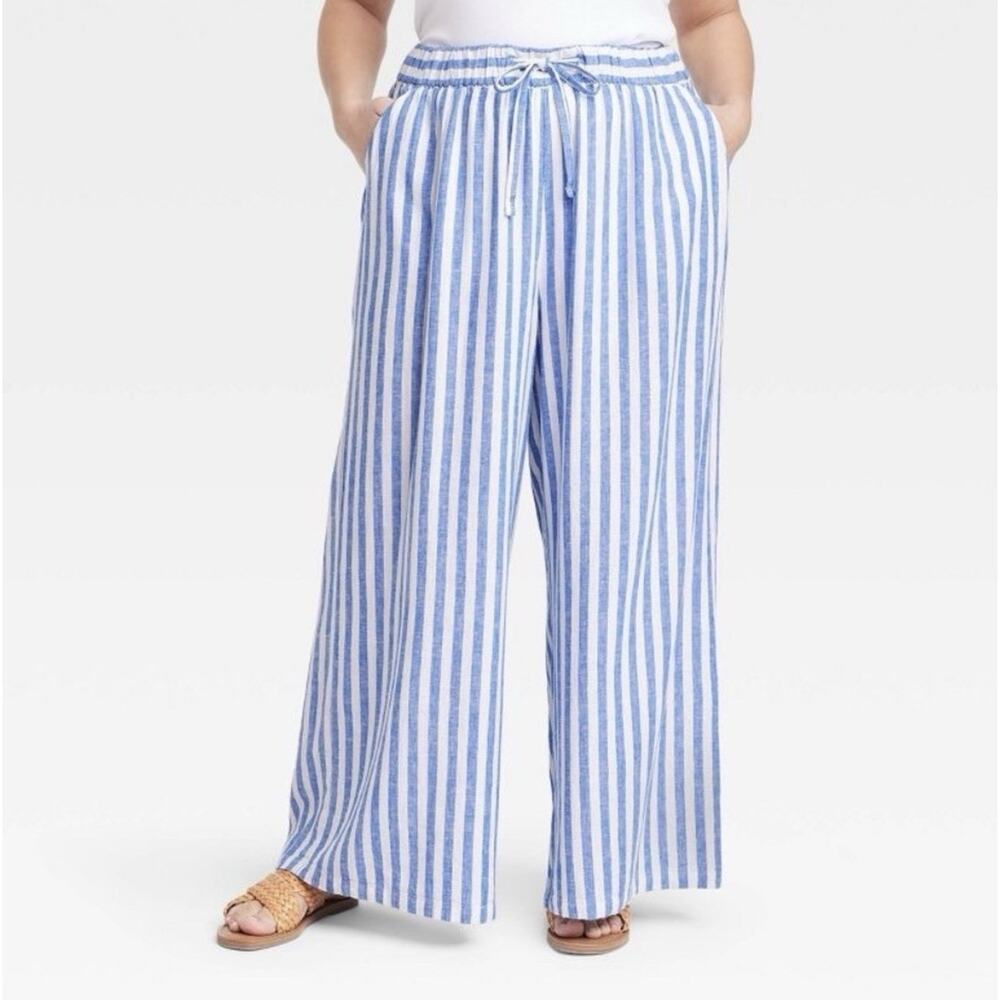 Wide-Leg Linen-Blend Striped Pants - Blue/White